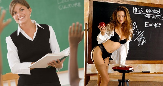 The Naked Teacher's Curse: What she wants the students to see (L); What they think they see (R)